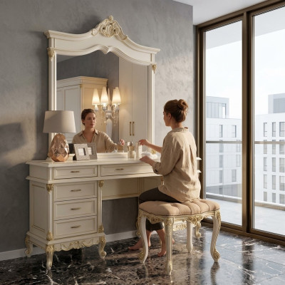 Coiffeuse Baroque Rococo Consoles Tables + Tabouret Coiffeuse Table de maquillage Bois massif