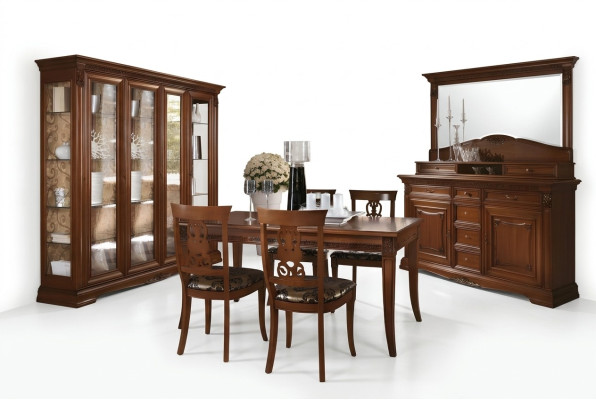 Salle à manger Ensemble complet de la table Buffet 4x chaises Vitrine Baroque Bois massif