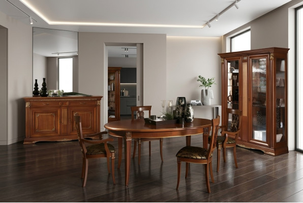 Salle à manger Ensemble en bois massif Style baroque rococo Table 4x chaises Vitrine Commode