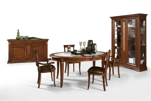 Salle à manger Ensemble en bois massif Style baroque rococo Table 4x chaises Vitrine Commode
