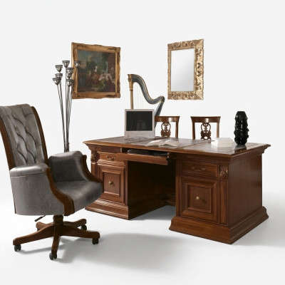 Mobilier de bureau Fauteuil de cabinet Mobilier de bureau Fauteuil de chef Baroque Rococo 3 pièces. Bois massif