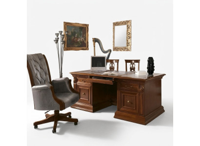 Mobilier de bureau Fauteuil de cabinet Mobilier de bureau Fauteuil de chef Baroque Rococo 3 pièces. Bois massif
