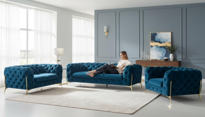 Ensemble de canapé Chesterfield rembourré de luxe en velours 3+2 places.