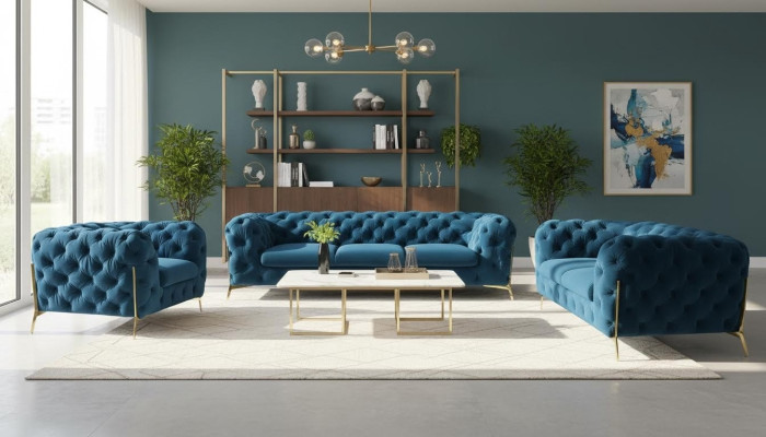 Ensemble de canapé Chesterfield rembourré de luxe en velours 3+2 places.