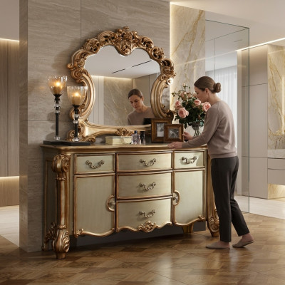 Buffet Bahut Commode Miroir Véritable Artisanat Bois Classique Baroque Rococo