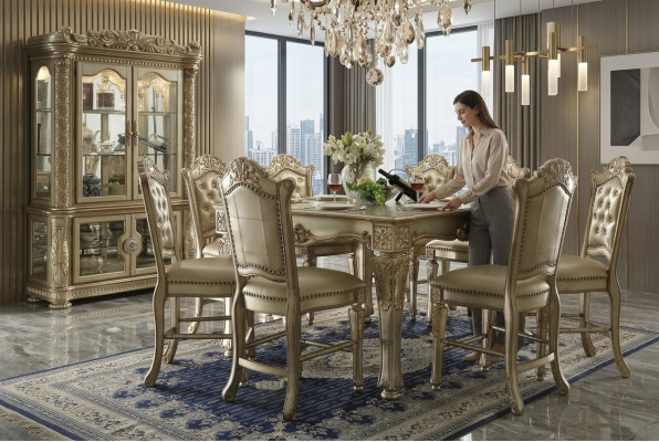 Ensemble de salle à manger classique en or - Table à manger rectangulaire avec 8 chaises Chesterfield - Vitrine 10 pièces