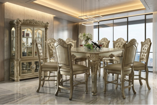 Ensemble de salle à manger classique en or - Table à manger rectangulaire avec 8 chaises Chesterfield - Vitrine 10 pièces