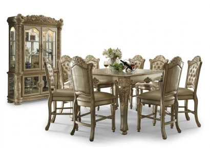 Ensemble de salle à manger classique en or - Table à manger rectangulaire avec 8 chaises Chesterfield - Vitrine 10 pièces