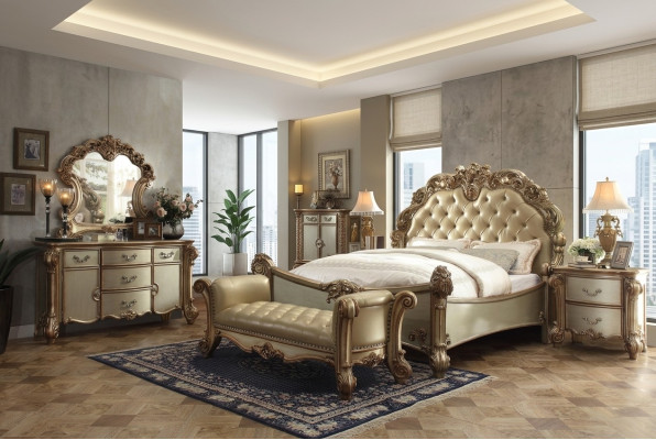 Lit 2x Table de chevet 3 pièces. Ensemble de chambre à coucher classique de luxe baroque rococo