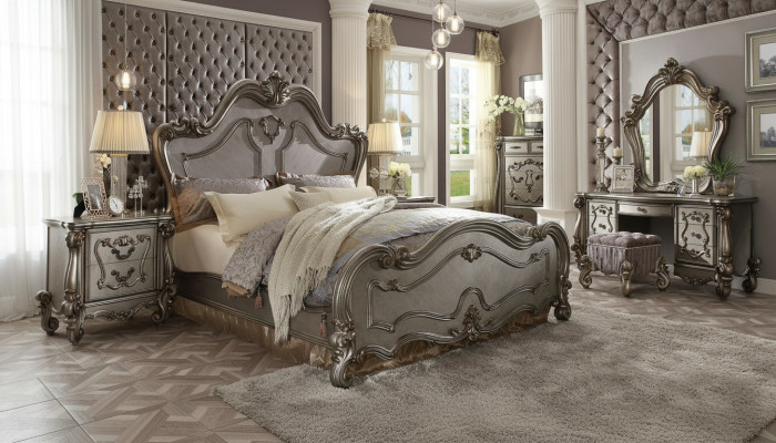Lit baroque Chesterfield Lit double 2 tables de chevet Design en bois Lits