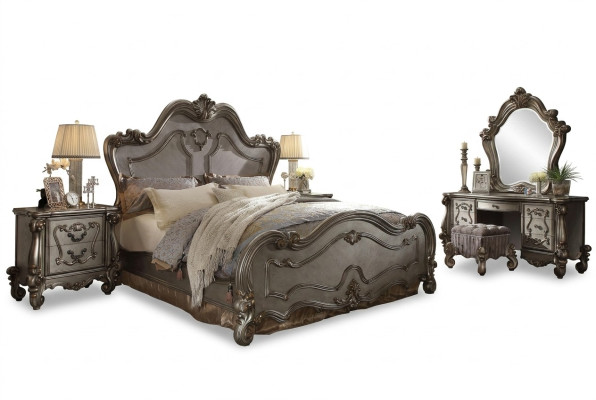 Lit baroque Chesterfield Lit double 2 tables de chevet Design en bois Lits