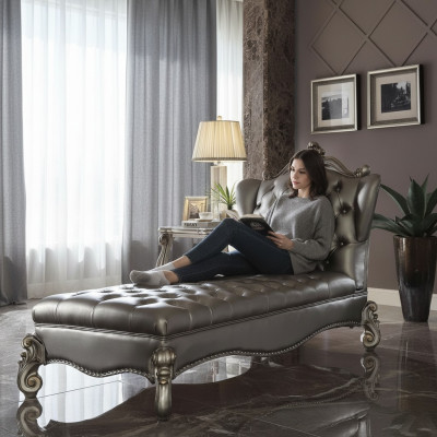 Chaise longue Chesterfield Lounger Chaise Canapé en cuir Relax Baroque Argent