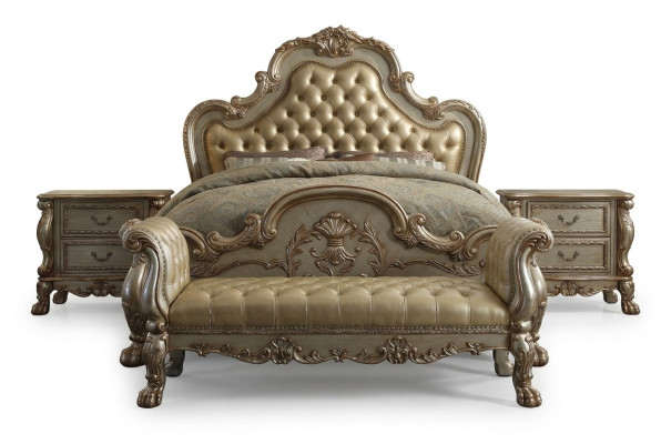 Lit 2x Table de chevet 3 pièces. Ensemble de chambre à coucher Lits de luxe Cuir Chesterfield