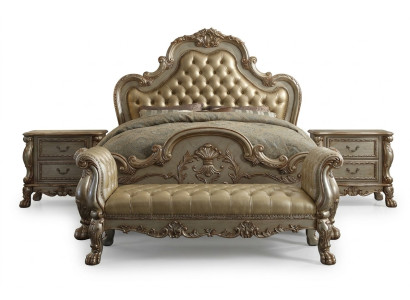 Lit 2x Table de chevet 3 pièces. Ensemble de chambre à coucher Lits de luxe Cuir Chesterfield