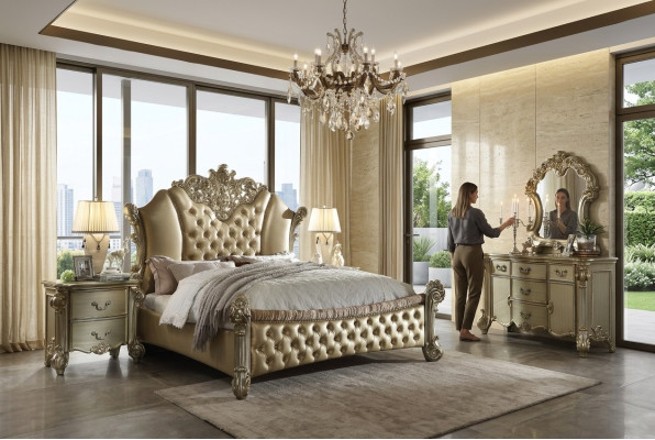 Meubles 5 pièces Ensemble Lit + 2x Table de chevet + Commode + Miroir Chambre