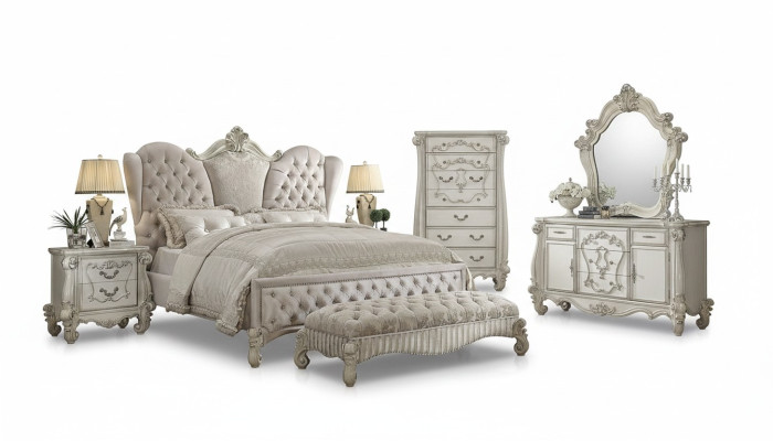 Chambre à coucher de conception 6 pièces. Lit 2x Table de chevet Tabouret Commode Miroir