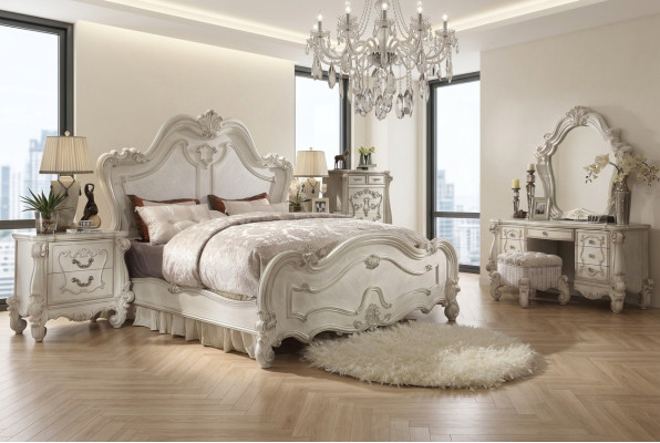 Ensemble de chambre classique Lit Table de chevet Tabouret Coiffeuse Miroir