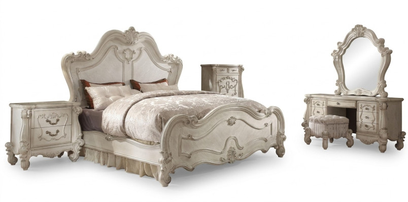 Ensemble de chambre classique Lit Table de chevet Tabouret Coiffeuse Miroir