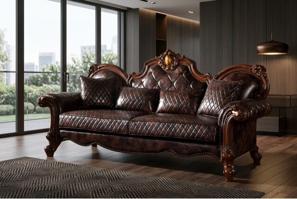 Sculpté Baroque Mobilier de salon Canapé Canapé en cuir Trois places
