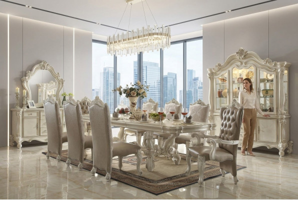 Suite de salle à manger de style baroque, Table à manger de luxe avec 8 chaises, Buffet, Miroir