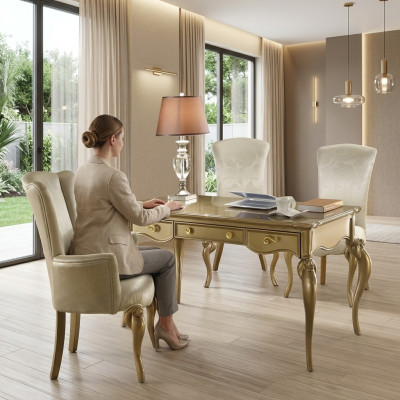 Aménagement de bureau composé de bureau en bois, table, fauteuil, style baroque rococo en 2 pièces.