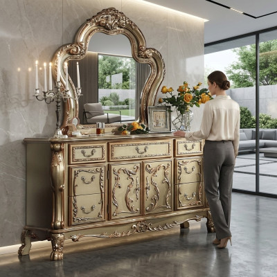 Noble Commode Buffet Commodes Armoire + Miroir Baroque Rococo Buffet en bois neuf