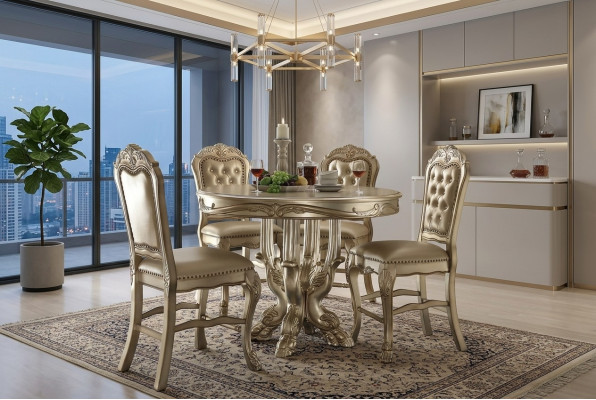 Classique r Table à manger ronde en or Table Salle à manger Chesterfield x4 Chaises 5pcs. suite