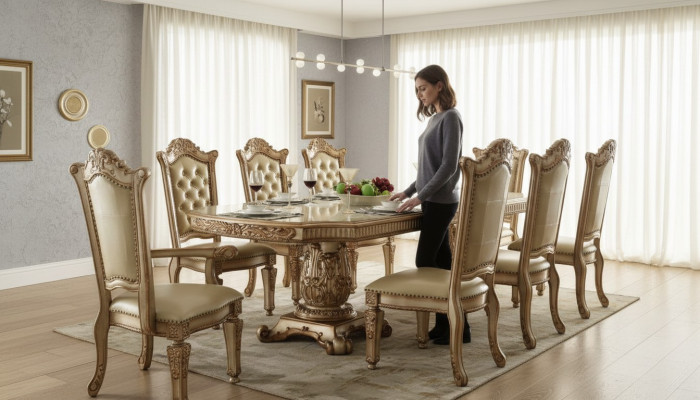 Suite de salle à manger complète beige. Luxueuse table à manger avec des chaises en cuir.