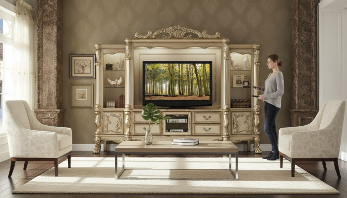 Mur de télévision Étagère de style bois baroque Meuble de salon Armoire Nouveau Classique