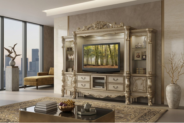 Mur de télévision Étagère de style bois baroque Meuble de salon Armoire Nouveau Classique