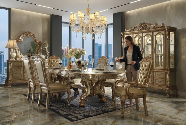 Table de salle à manger classique, chaises de luxe Chesterfield, ensemble de salle à manger de 9 pièces.