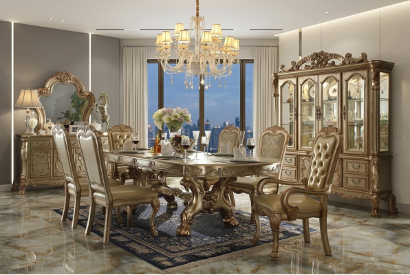 Table de salle à manger classique, chaises de luxe Chesterfield, ensemble de salle à manger de 9 pièces.