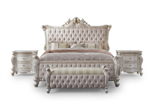 Ensemble de chambre Chesterfield 3 pièces. Lit + 2 tables de chevet de style baroque.