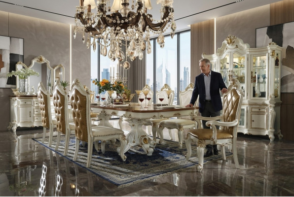 Ensemble salle à manger classique beige Luxueuse table à manger 8 chaises Chesterfield Ensemble de 11 pièces