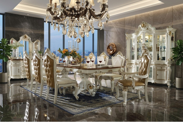 Ensemble salle à manger classique beige Luxueuse table à manger 8 chaises Chesterfield Ensemble de 11 pièces