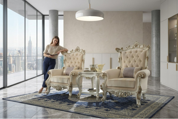 Fauteuil royal du trône Rembourrage 1 place Style antique Chaises Beige Bois Baroque