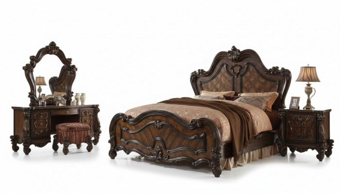 Ensemble de tables de chevet de chambre à coucher Lit 5 pièces. Lit en bois de style rococo baroque antique