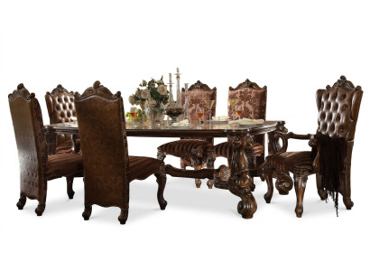 Brun Classique r Table à manger en bois + Chesterfield x6 Chaises Ensemble de salle à manger 7 pièces. ensemble