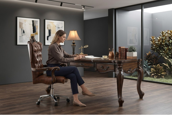 Fauteuil de direction Fauteuil à accoudoirs Classique Chaise de bureau Chaise pivotante en cuir et bois Baroque