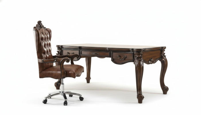 Fauteuil de direction Fauteuil à accoudoirs Classique Chaise de bureau Chaise pivotante en cuir et bois Baroque