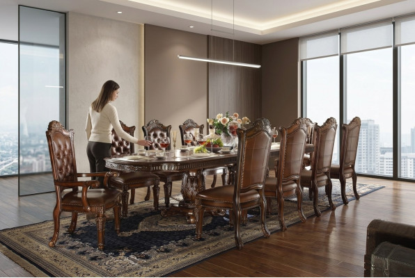 Salle à manger de style baroque luxueux Ensemble de salle à manger Table de salle à manger de designer avec chaises marron Chesterfield