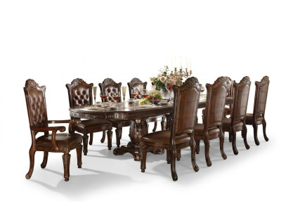 Salle à manger de style baroque luxueux Ensemble de salle à manger Table de salle à manger de designer avec chaises marron Chesterfield