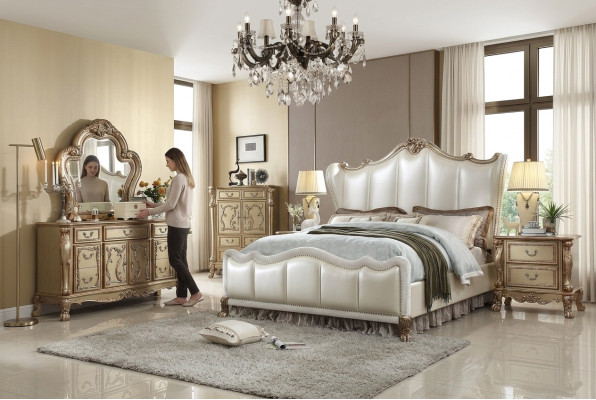 Ensemble de chambre royale Lit + 2 tables de chevet Lits en cuir Double Hôtel neuf