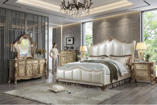 Chambre Tables de chevet Ensemble de lit 5pcs. Style Baroque Rococo Antique Lit en bois