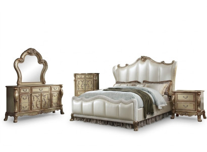 Chambre Tables de chevet Ensemble de lit 5pcs. Style Baroque Rococo Antique Lit en bois