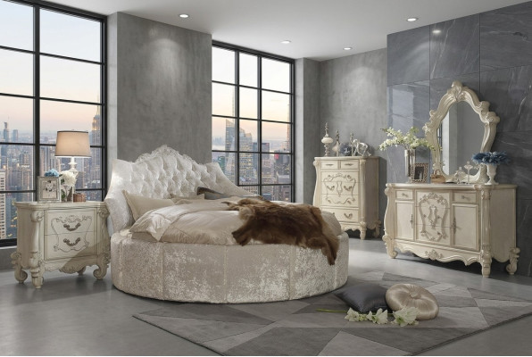 Lit rond en velours Chesterfield Luxe Rembourrage lits ronds en tissu textile hôtel