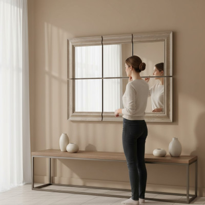 Miroir mural moderne grand miroir en bois véritable cadre miroir suspendu neuf 146x105cm
