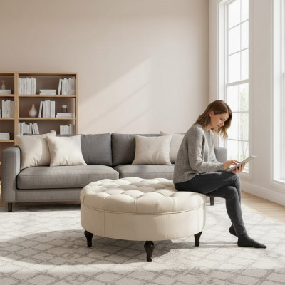 Tabouret rembourré Chesterfield rond, repose-pieds, ottoman, côté nouveau canapé rond