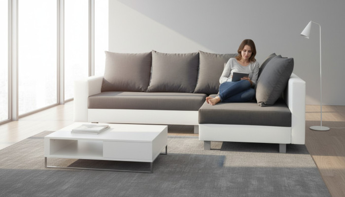 Paysage vivant Canapé d'angle en L Canapé design Canapé Tissu Cuir Repose-pieds