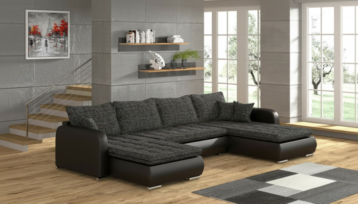 Canapé d'angle design en U avec fonction lit, en cuir et tissu. Nouveau canapé pour un nouvel aménagement de salon.